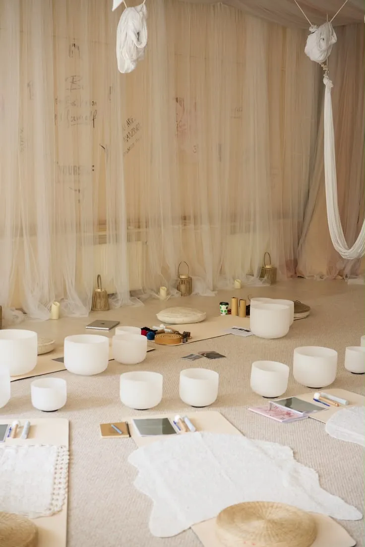 Crystal singing bowls in a sound healing studio